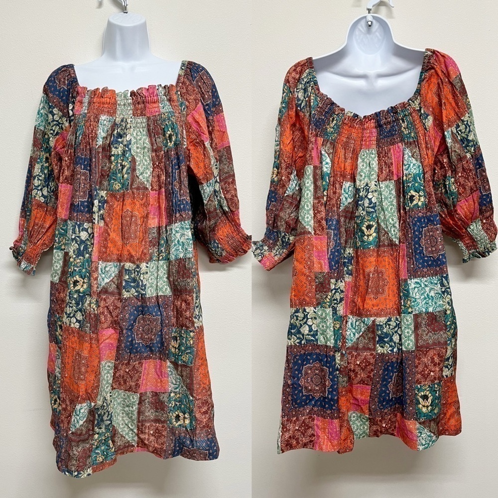The Odells Womens Cottagecore Off the Shoulder Multicolor Patchwork Dress